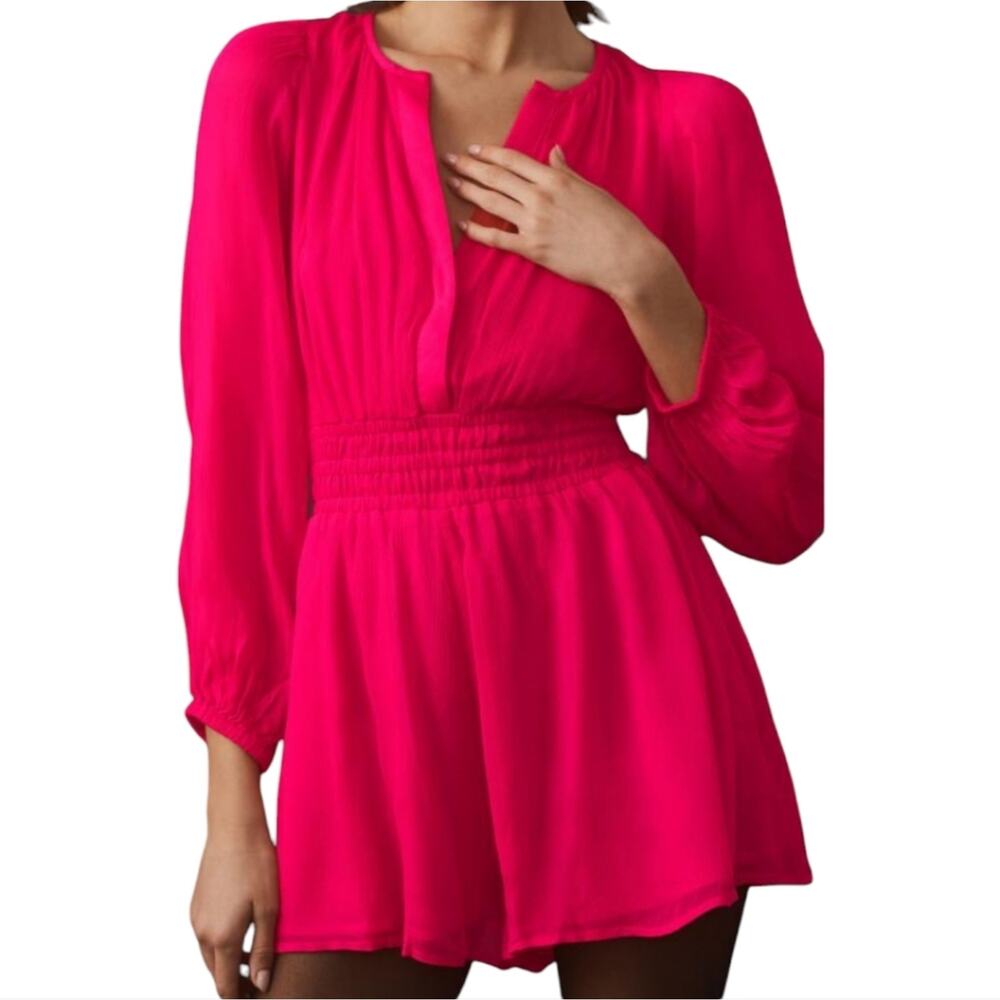 Anthropologie BarbieCore Pink The Long-Sleeve Somerset Romper Size Large‎ New!